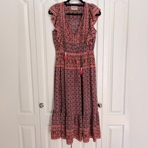 Sea New York Selene Silk Floral Ruffle Midi Dress - Pink and Blue 6